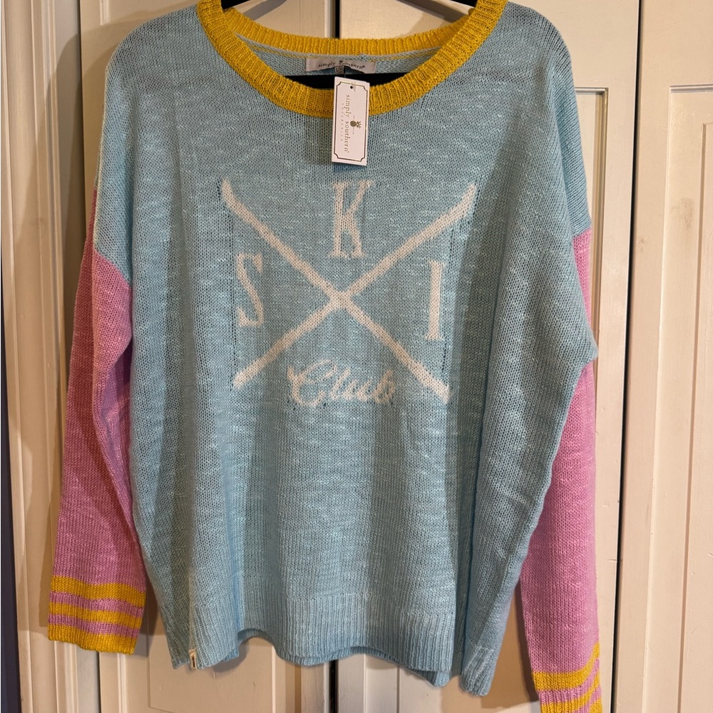 NWT Simply Southern Blue and Pink Ski Club Sweater l/xl